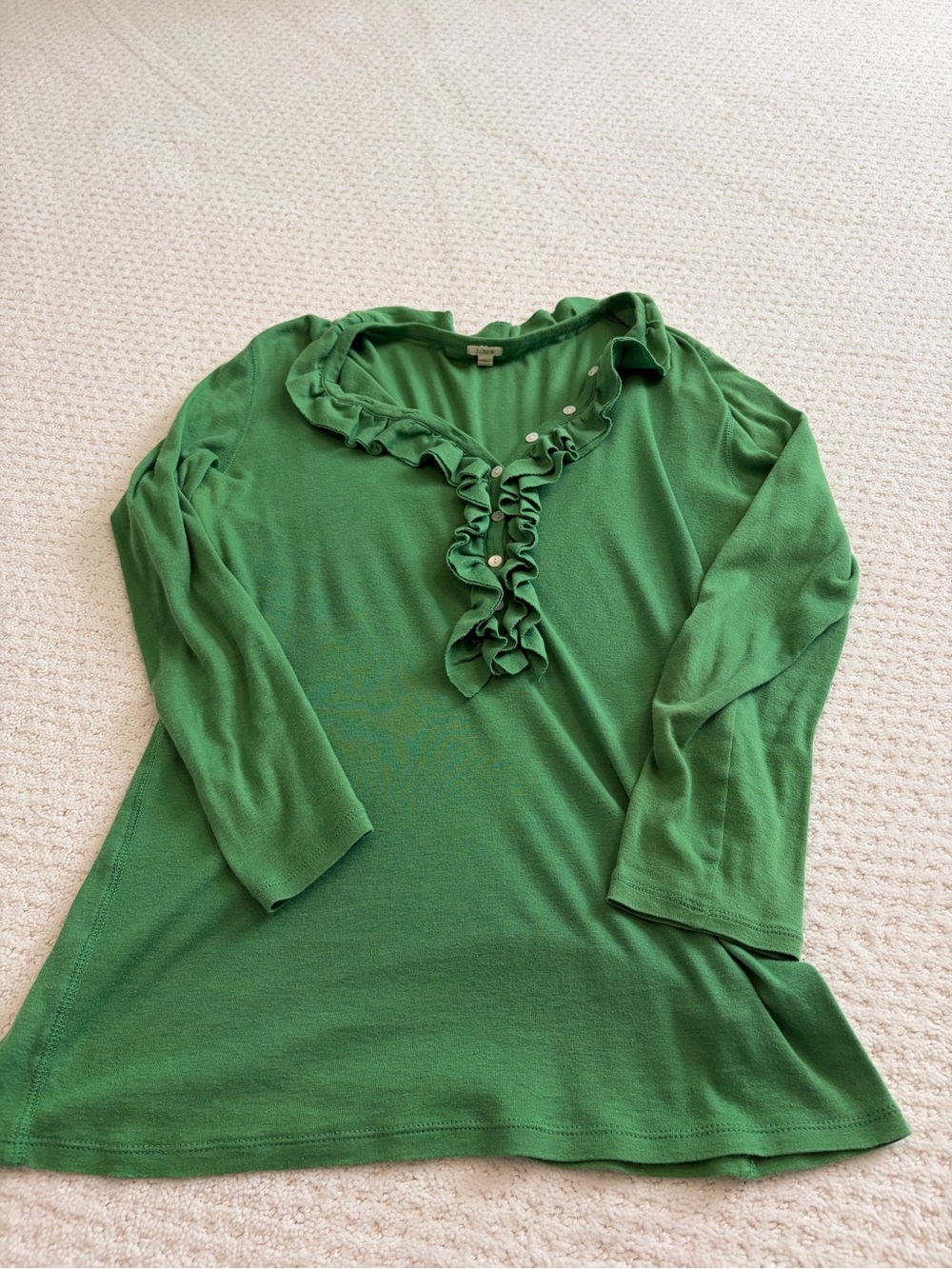 J Crew Green Ruffle-Trim Henley Women’s Top Shirt Medium